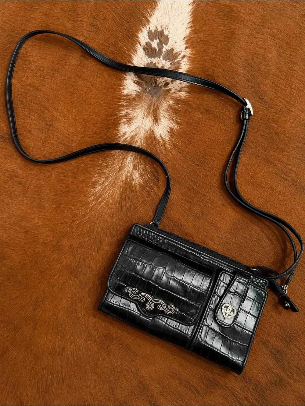 Brighton Vintage Black Croc-Embossed Leather Crossbody Bag